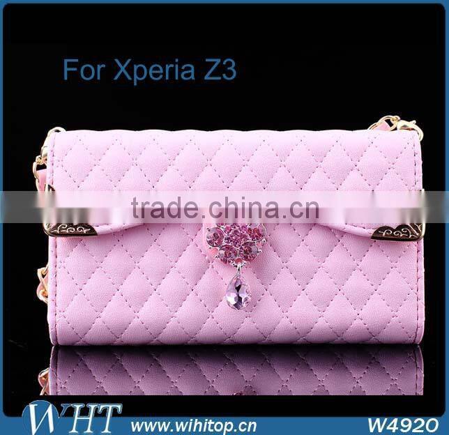 Hot New Products 2015 Trifold Design for Sony Xperia Z3 Wallet Case with Elegant Chain