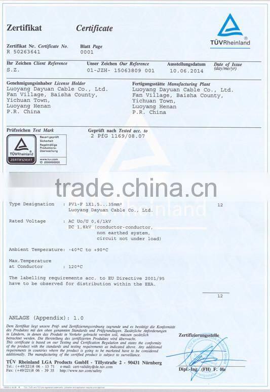 0.6/1kv Tinned Copper DC Power Cable DC Solar PV Cable