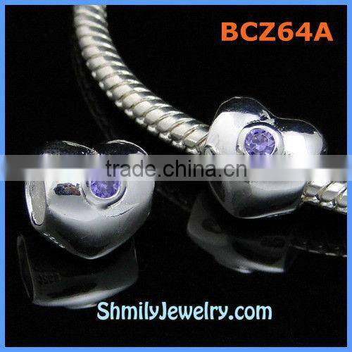 Wholesale 925 Silver Heart Charm Beads With Dots Band & Blue CZ Stone BCZ60