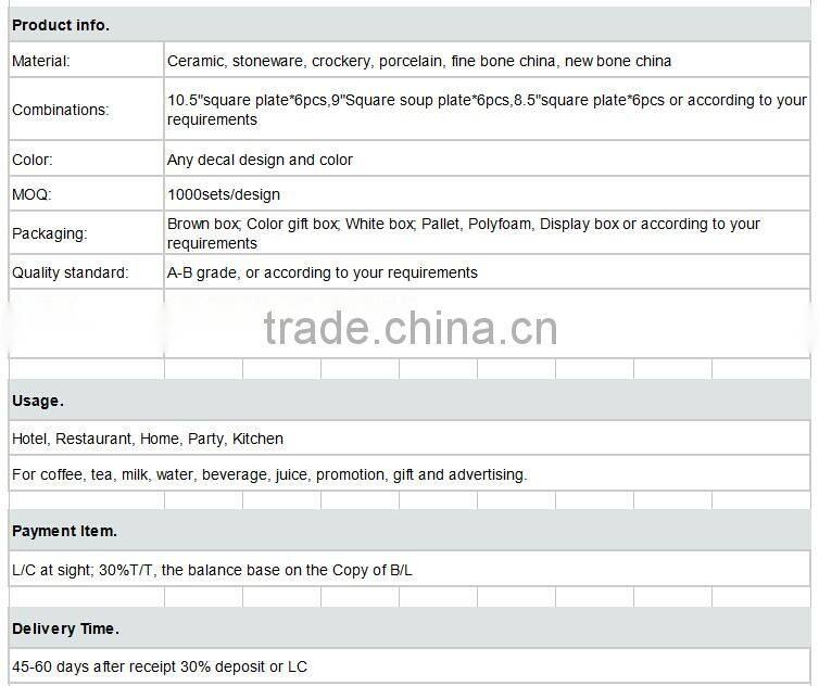 Square dinner set,good porcelain dinner set,stackable dinnerware set