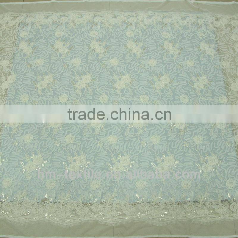 2017 New Apricot Dribbling Sequins Mixed Embroidery Fabric for ZARA Brand Long Dress Textile With High Quality Mesh from China