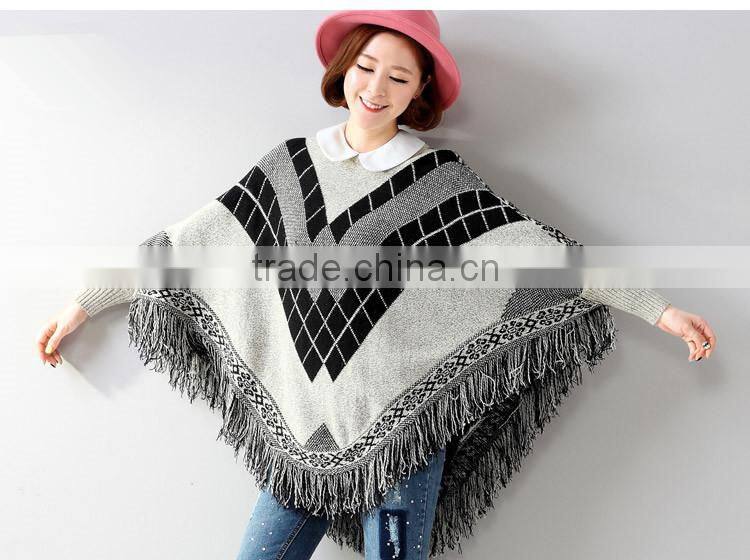 2015 European Geometric tassel bat sleeve cape coat long knit sweater