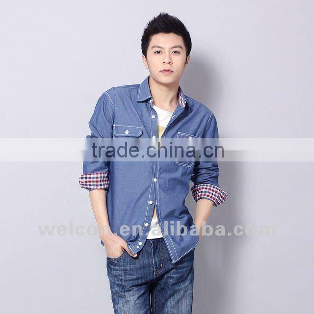 New 100% cotton chambray long sleeve famous brand name design fashion men's casual shirts