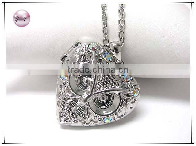 Crystal stud owl heart locket pendant long necklace