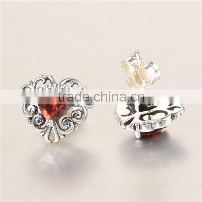 Garnet Heart Shape Cubic Zirconia Gemstone Silver Earring