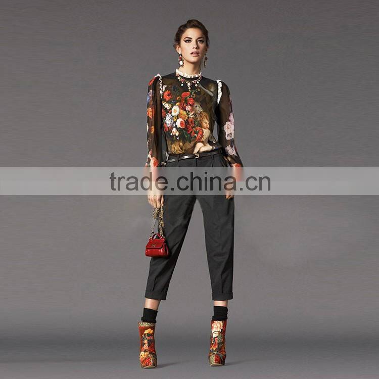 Women Blouses 2016 Summer Sexy See Through Crop Tops Ladies Ruffle Collar Shoulder Cuff Silk Blouse Vintage
