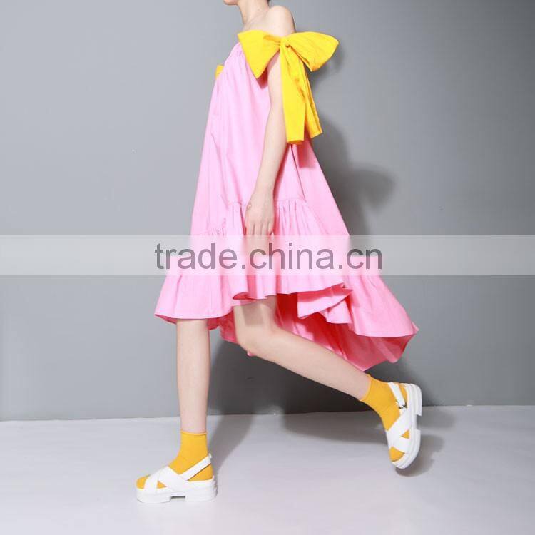 2016 New Multi-wear Big Bow Slash Neck Flouncing Ruffles Hem Strapless Off Shoulder Dress Women Summer