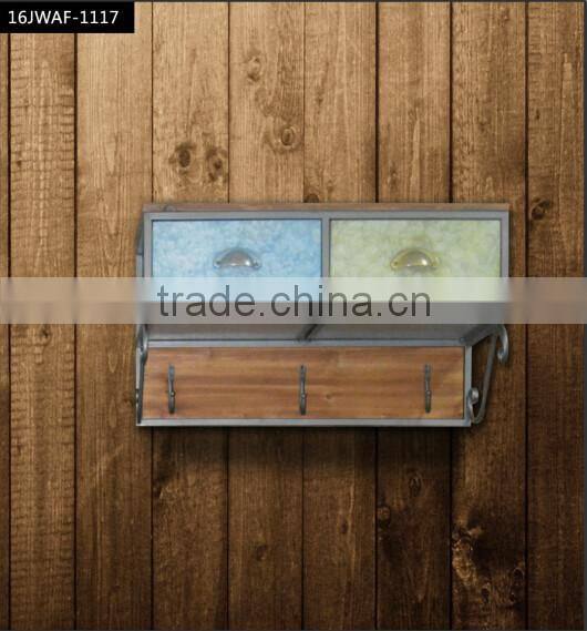 2 drawers wood top metal frame wall hanging cabient with 3 hooks