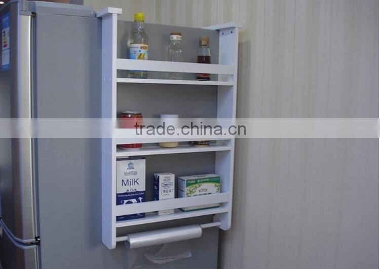 Wooden Storage Shelf Beside Fridge White Kitchen Assemble Shelf