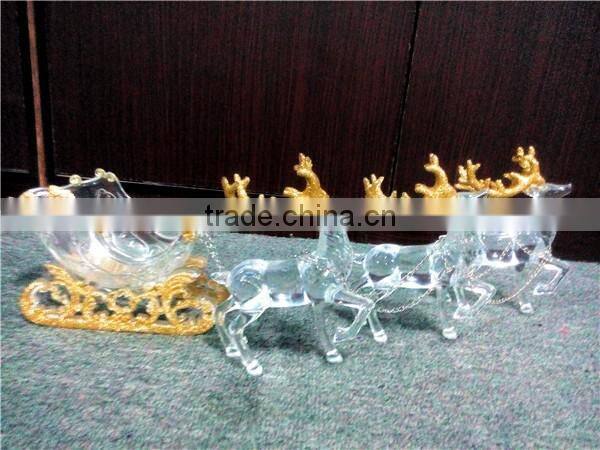 2016 hot sale Christmas decoration three acrylic reindeer and sleigh with gold glitter