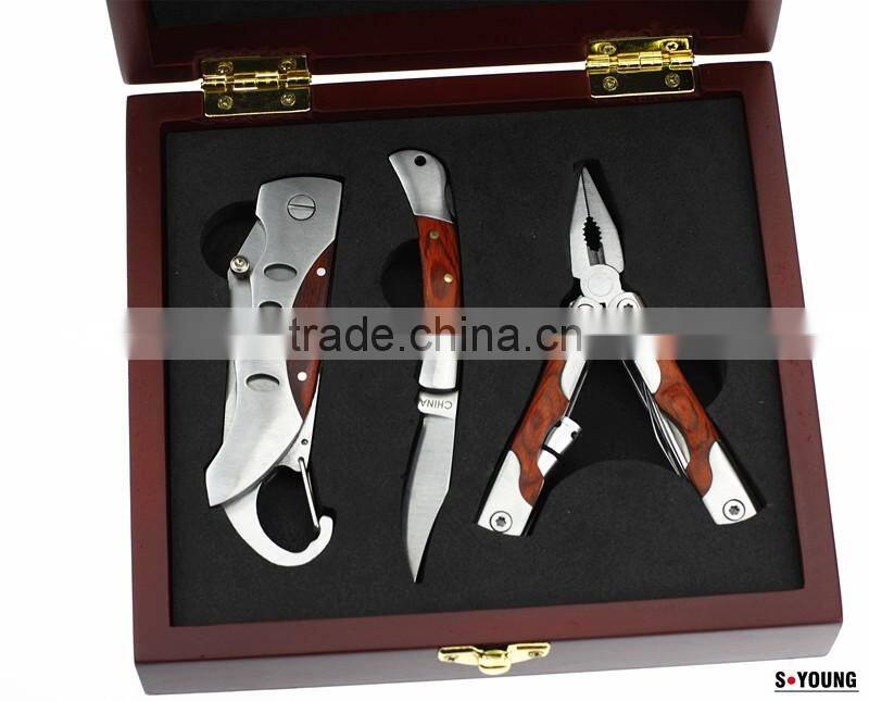 44061 high quality lockback knife set multi plier with wooden box