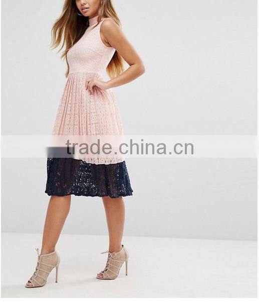Guangzhou Wholesale Clothing OEM High Neck Sleeveless Lace Evening Dress With Pleated Skirt