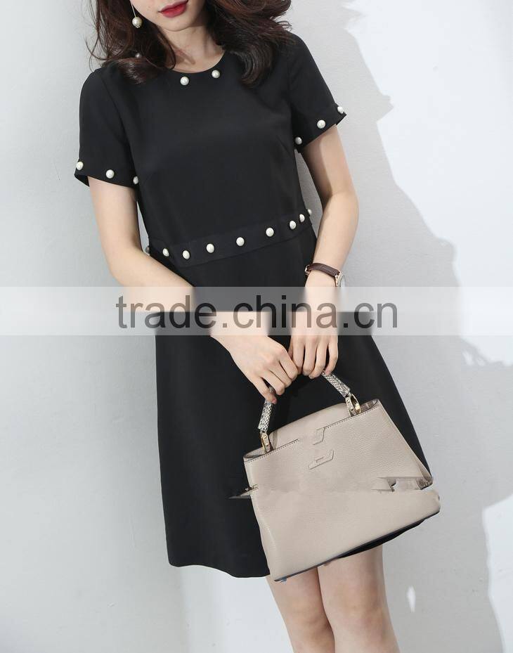 guangzhou oem clothing white pearl embellishment dresses short sleeve black slim dress