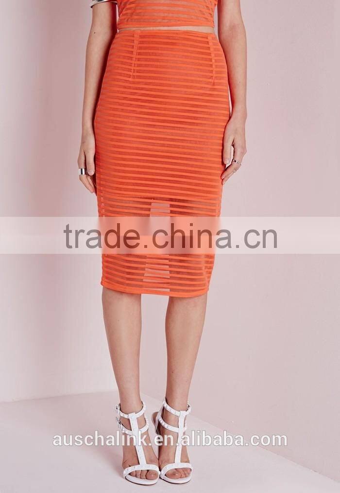 high quality new design lady stripe mesh midi skirt