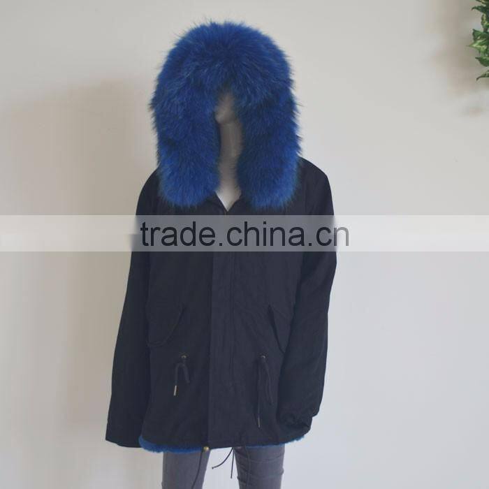 Myfur Hot Sale Black Cotton Women Men Parka with Real Black Raccoon Fur Collar Trimmed Hood