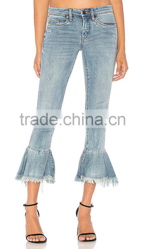 2017 Hot sale young girls jeans pants ruffle ninth denim jeans ladies jeans design