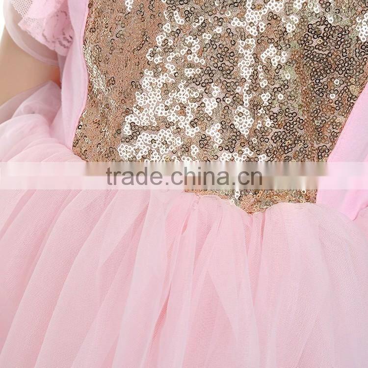 factory wholesale hot seling paillette baby dress,pink lovely kids dress,ruffle sleeve party children dress MC6030301