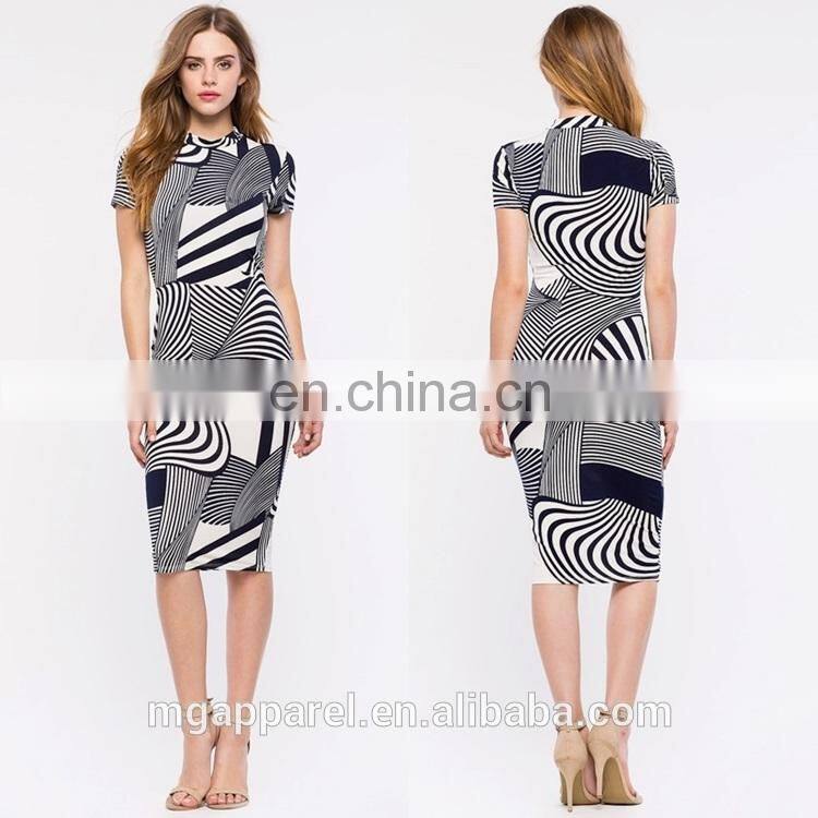 china supplier fashion latest dress designs short sleeve swirl print women party midi bodycon dress evening