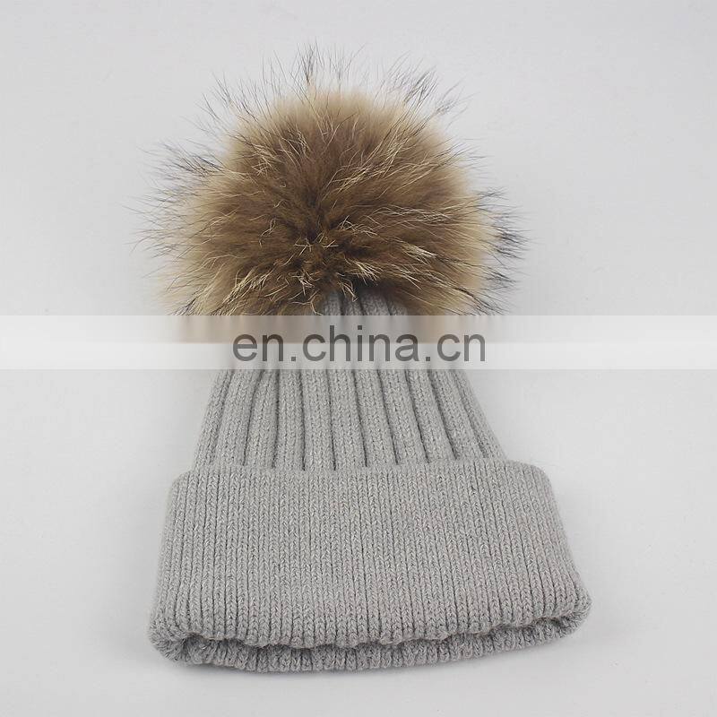 Top Quality Big Fur Pom Pom Kids Hats Raccoon Fur Balls Baby Knitted Hat
