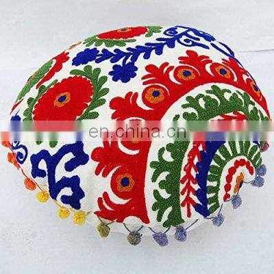Double Multi Embroidered 100% Cotton Indian Round Suzani Pillows, Cushion Cover 16x16, Home Decorative Throw Pillow Shams