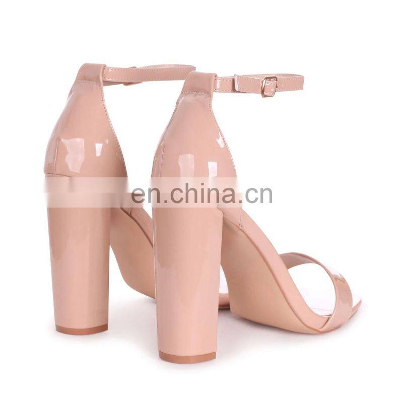 Ladies fancy handmade design high heels nude patent ankle strap block heel women sandals shoes