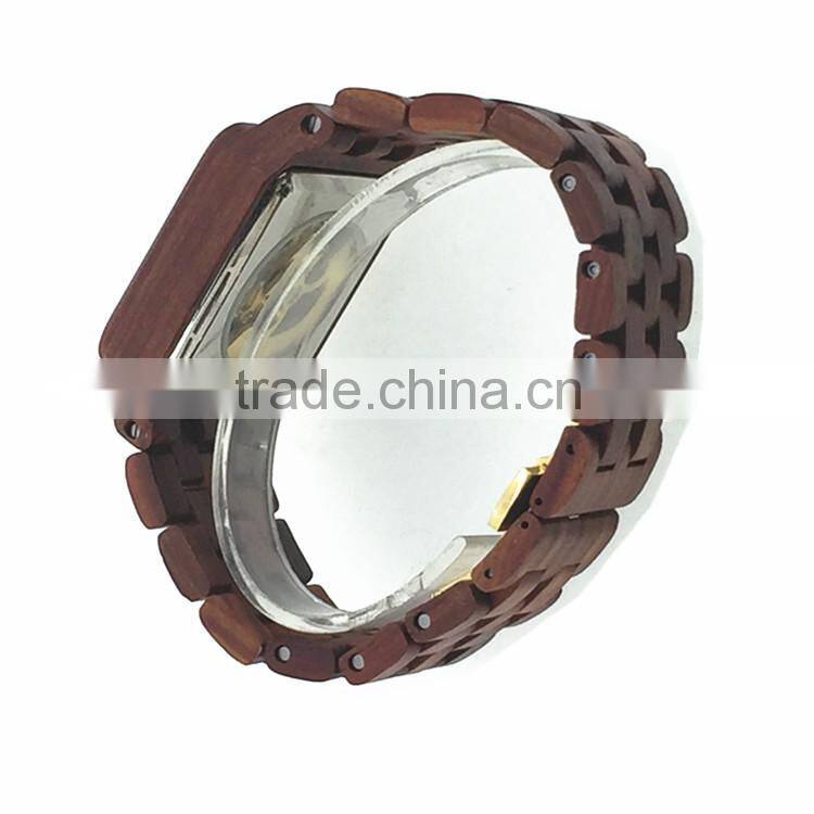 Fashion watches water resistant wooden watch with stainless steel case back and skeleton automatic mechanical watch