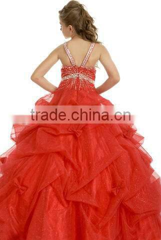 Red Organza Beaded A-line Spaghetti Straps Ruffled LIttle Girl Party Dress PT-236