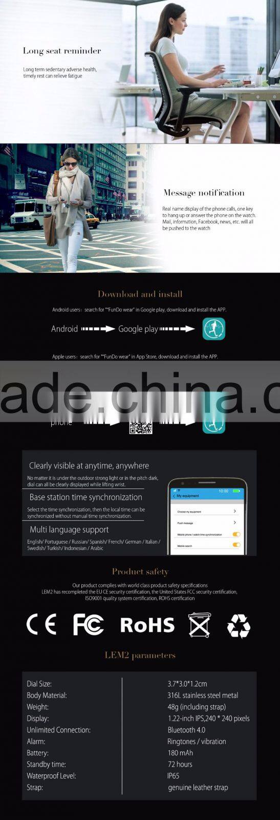 New Smart Watch Metal+Leather Strap Full work with iOS and Android Lady's Smart Watch