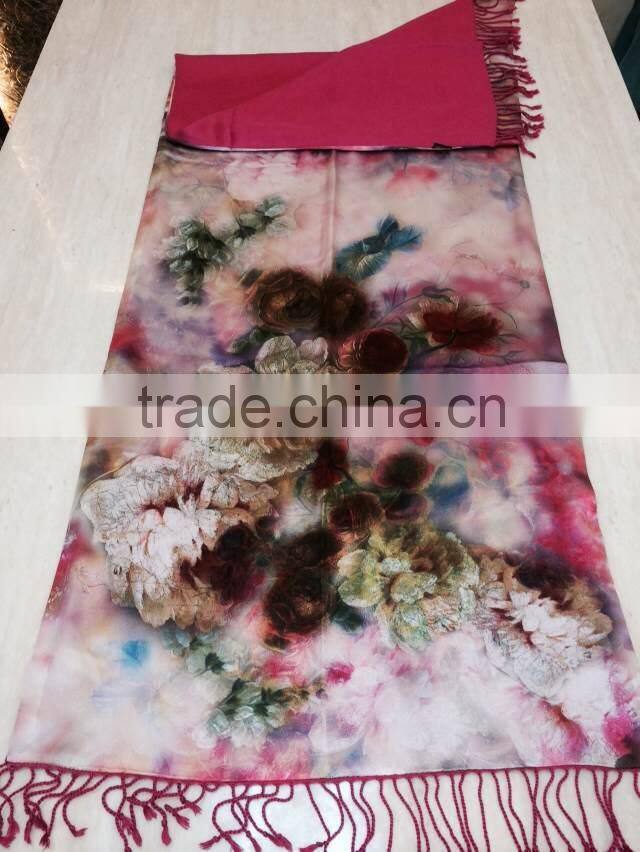 retail luxury gorgeous design high quality 100% silk cashmere attractive flower oil painting digital printed scarf