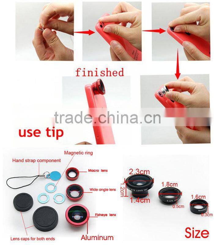Awesome photo gadgets magnetic camera lens 180 degree fisheye+0.67x wide-angle+10x macro 3in1 lens kit 2016 new products