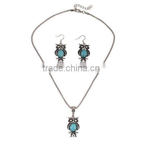 Retro style antique silver owl turquoise necklace and earrings jewelry sets