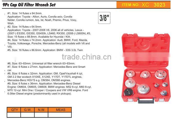 9Pc Cap Oil Filter Wrench Set