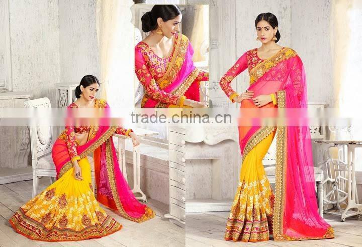 Gold & Magenta Georgette On Net Saree