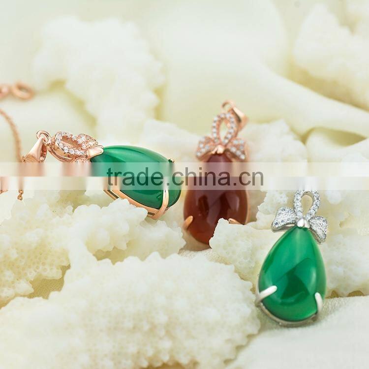 Classic design, 18k real gold plating solid silver necklace fashion jewelry with natural green chalcedony pendant