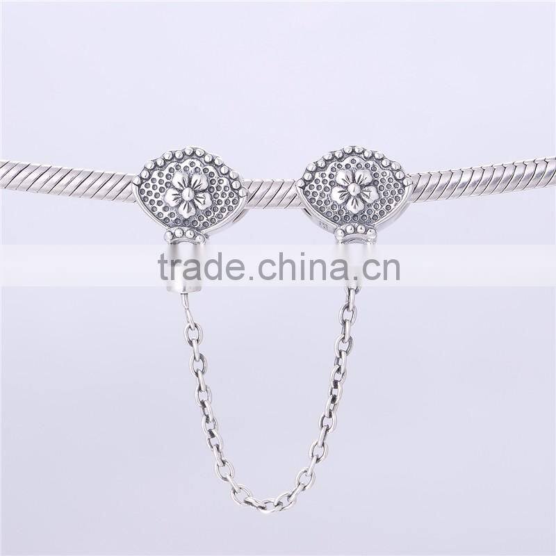 Vintage Royal Embossment Flowers S925 new arrivals safety chain Imitation stone flower automatic adjust silver chain charm A020