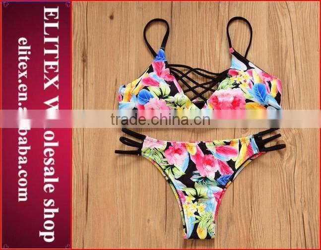 2017 Newest pink and blue floral sexy print swimwear woman BO233