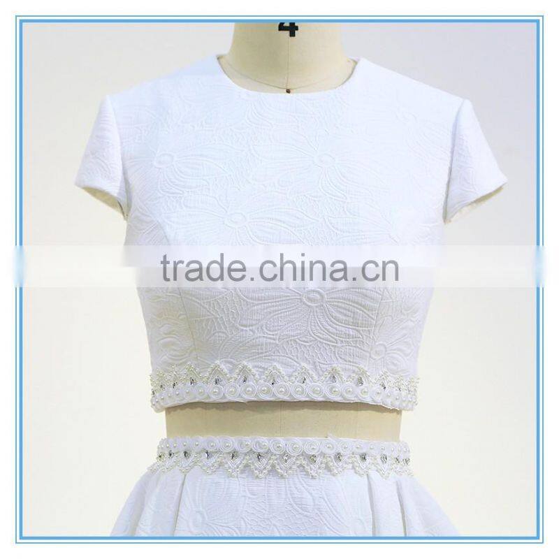 New design two piece front short back long trailing wedding dress