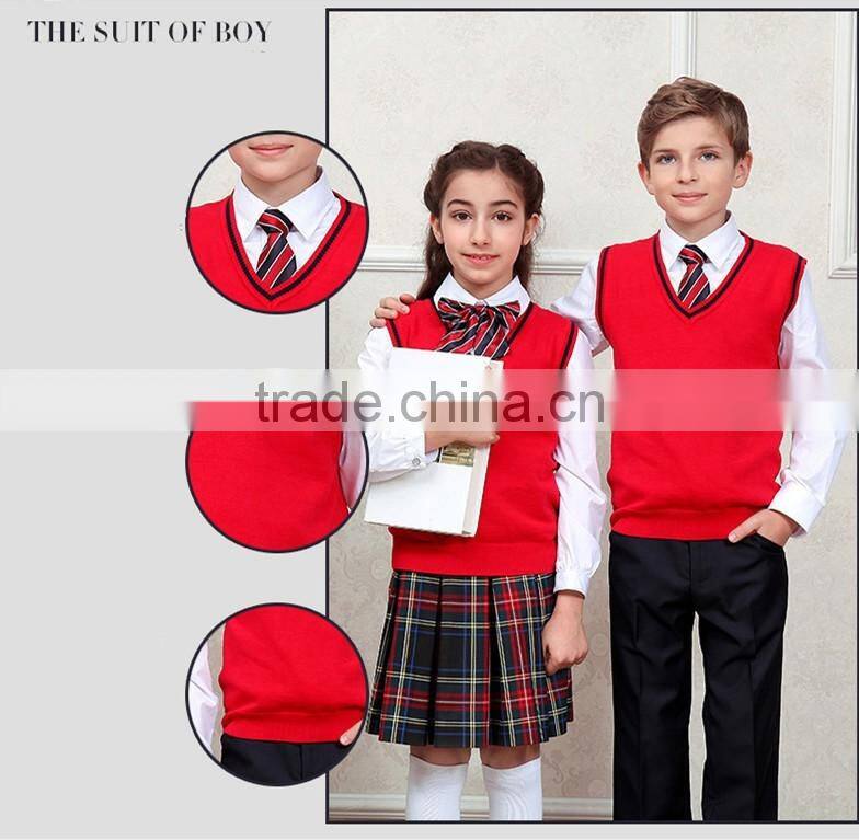 Red sleeveless unisex sweater vest school uniforms design with picture primary