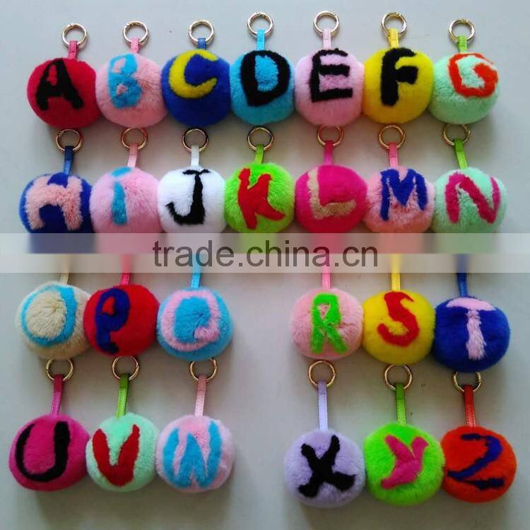 Selling English letters design Rex rabbit/fox fur pom pom keychain