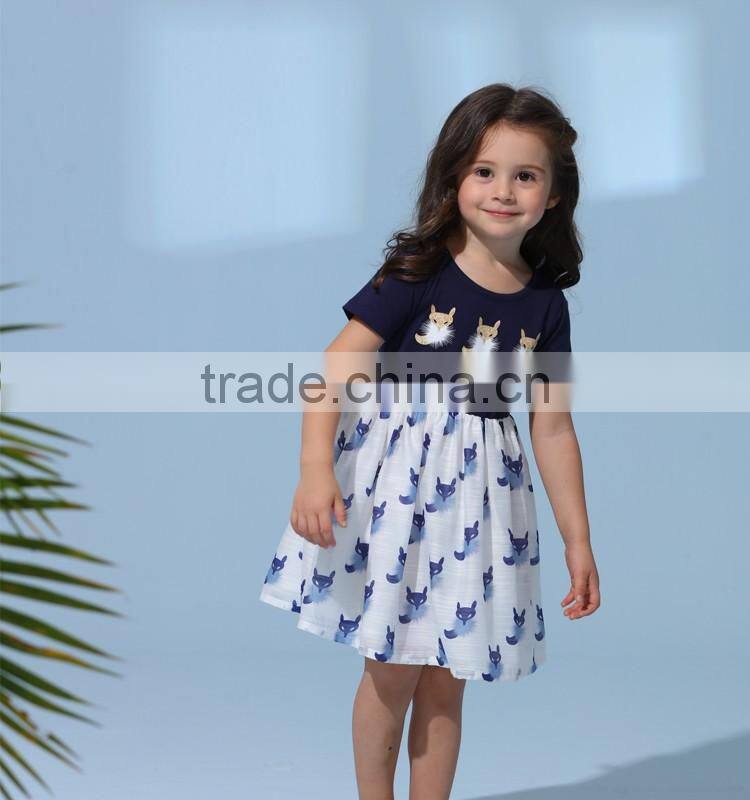European style new model children designs one piece frock dress baby girl summer fox print dress