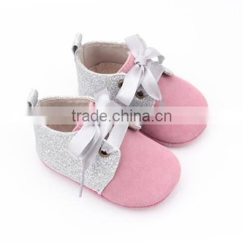 Pink satin lace shoes for genuine leather baby oxford shoe
