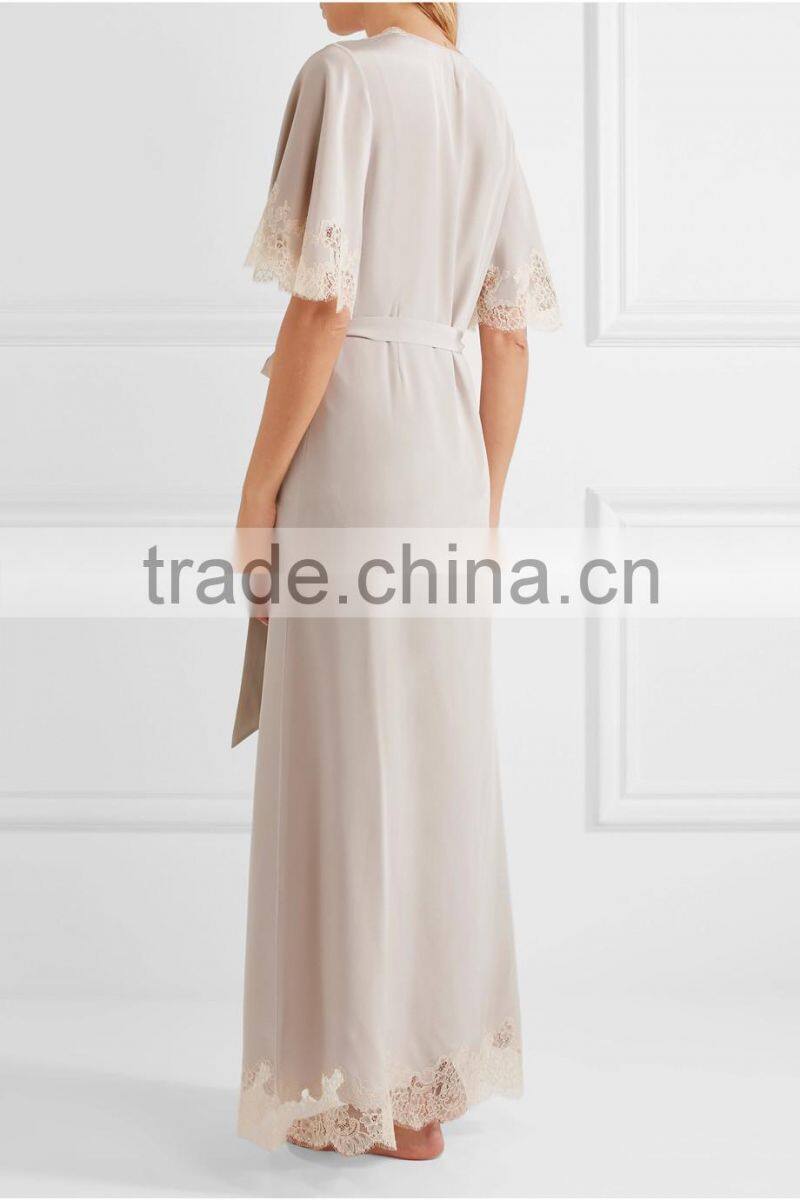2017 new arrival ladies luxury silk satin long robe, weedning gift robe, lace-trimmed silk-satin robe