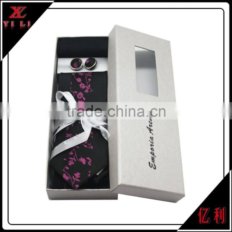 Custom Made Polyester Woven Logo Necktie Cufflink Clip Gift Set