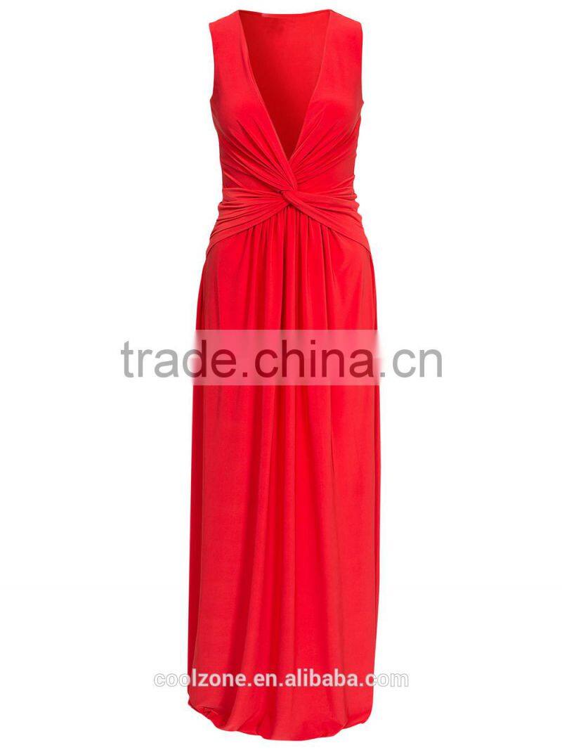 Sexy deep V neck knot front evening gown ladies long evening party wear gown