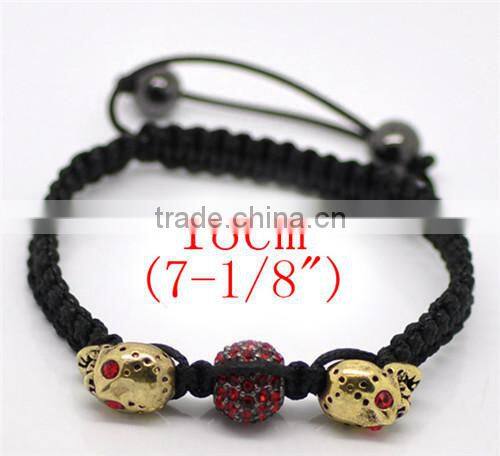 Pave Red Rhinestone Beads & Gold Tone Halloween Skull Beads & Black Braiding Adjustable Bracelets 18cm-25cm