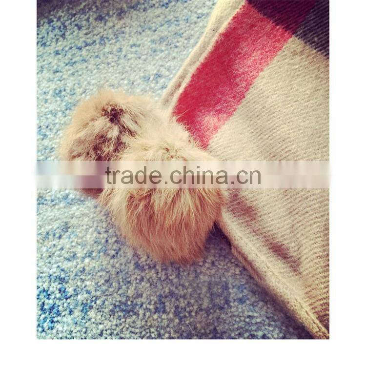 Classic jacquard cashmere checked plaid acrylic long pompom plush ball scarf