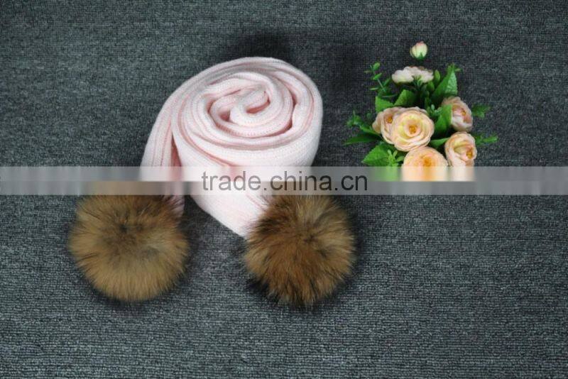 High Quality 100% Acrylic Knit Scarf Pattern Collar Soft Feel With Raccoon Fur Pom Pom Winter Hat