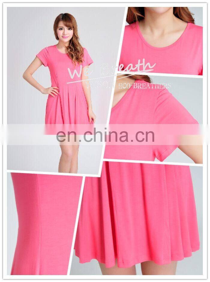 Summer Dress Bamboo Fiber Rayon Pleated O Neck Short Sleeves