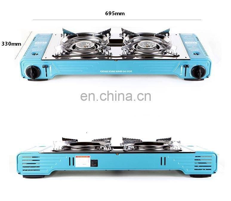 Portable gas stove 2 burner / indoor & outdoor commercial use / safety push gas control knob / stainless steel top