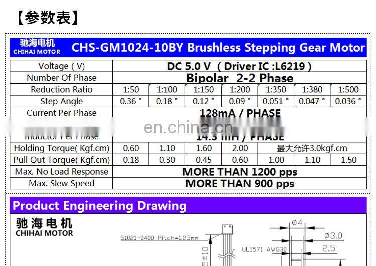 ChiHai Motor CHS-GM12-10BY-55M4 2 phase 4 wire Stepper Gear Motor 39 Ohm DC 5.0V 12.0V Long Thread Reduction Motor